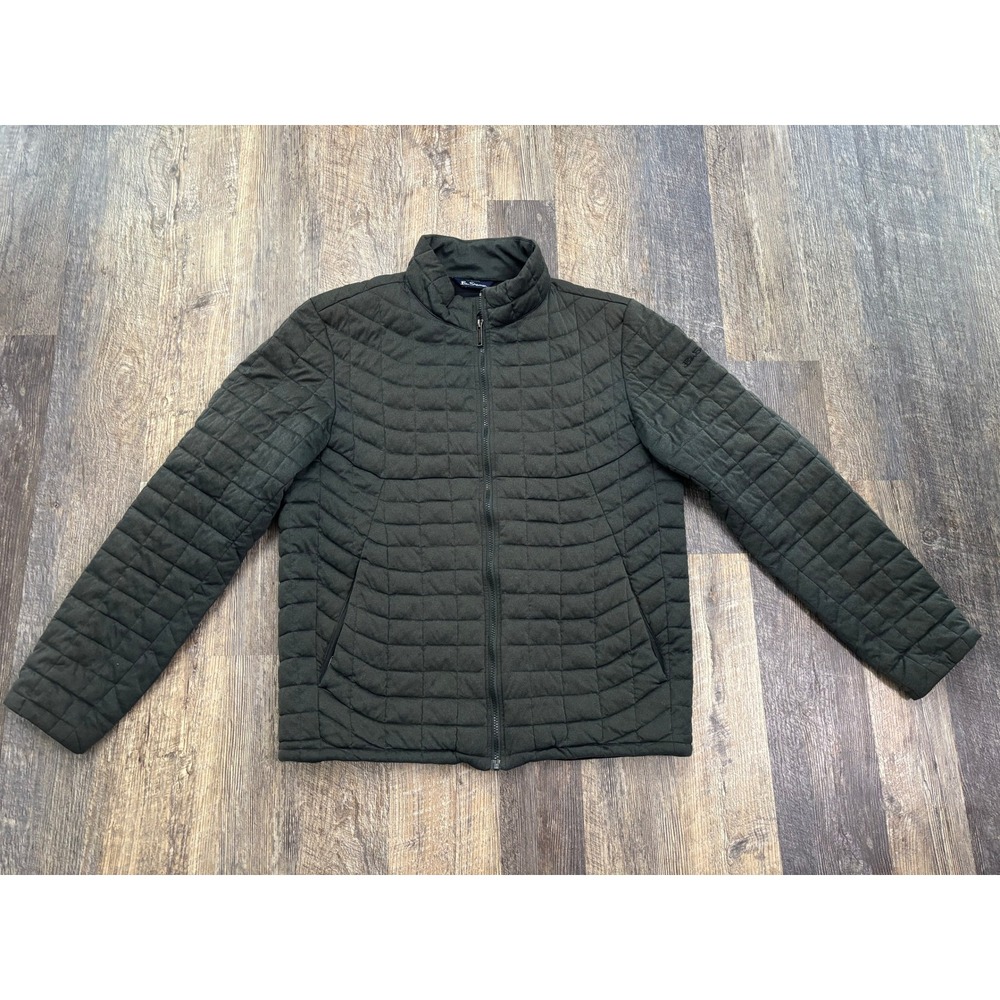Ben Sherman Mens Quilted Puffer Jacket Green Full Zip Mock Neck Size Large